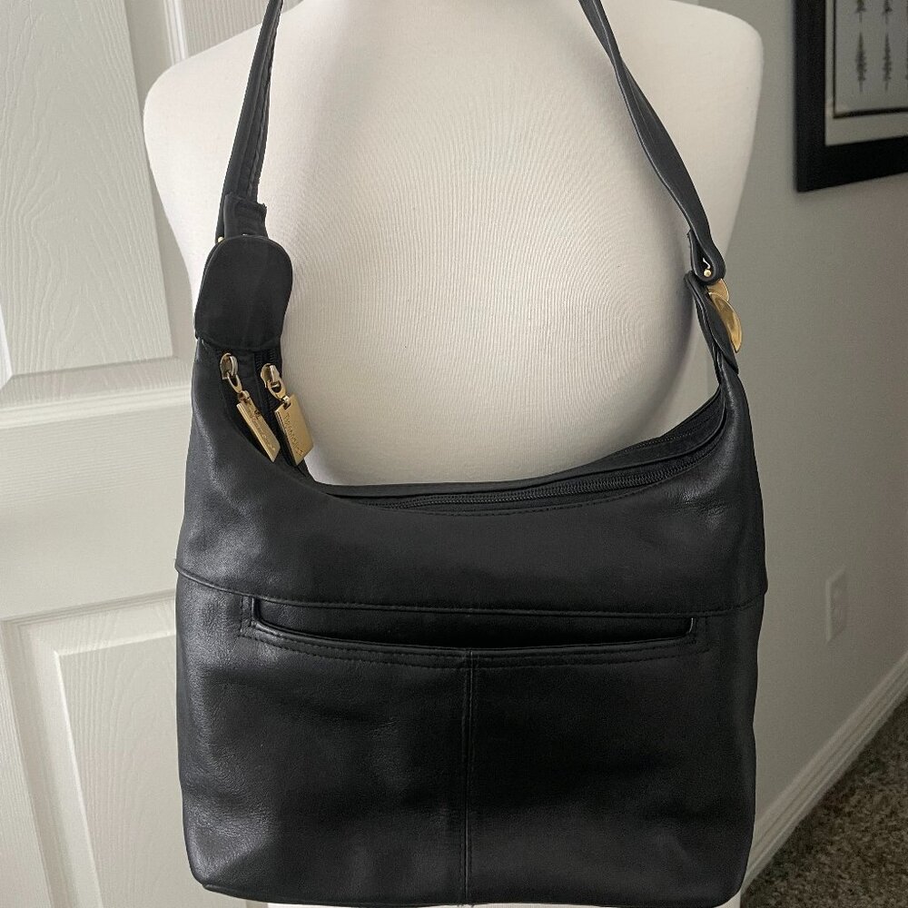 Tignanello Black Leather Shoulder Bag with Gold Accents